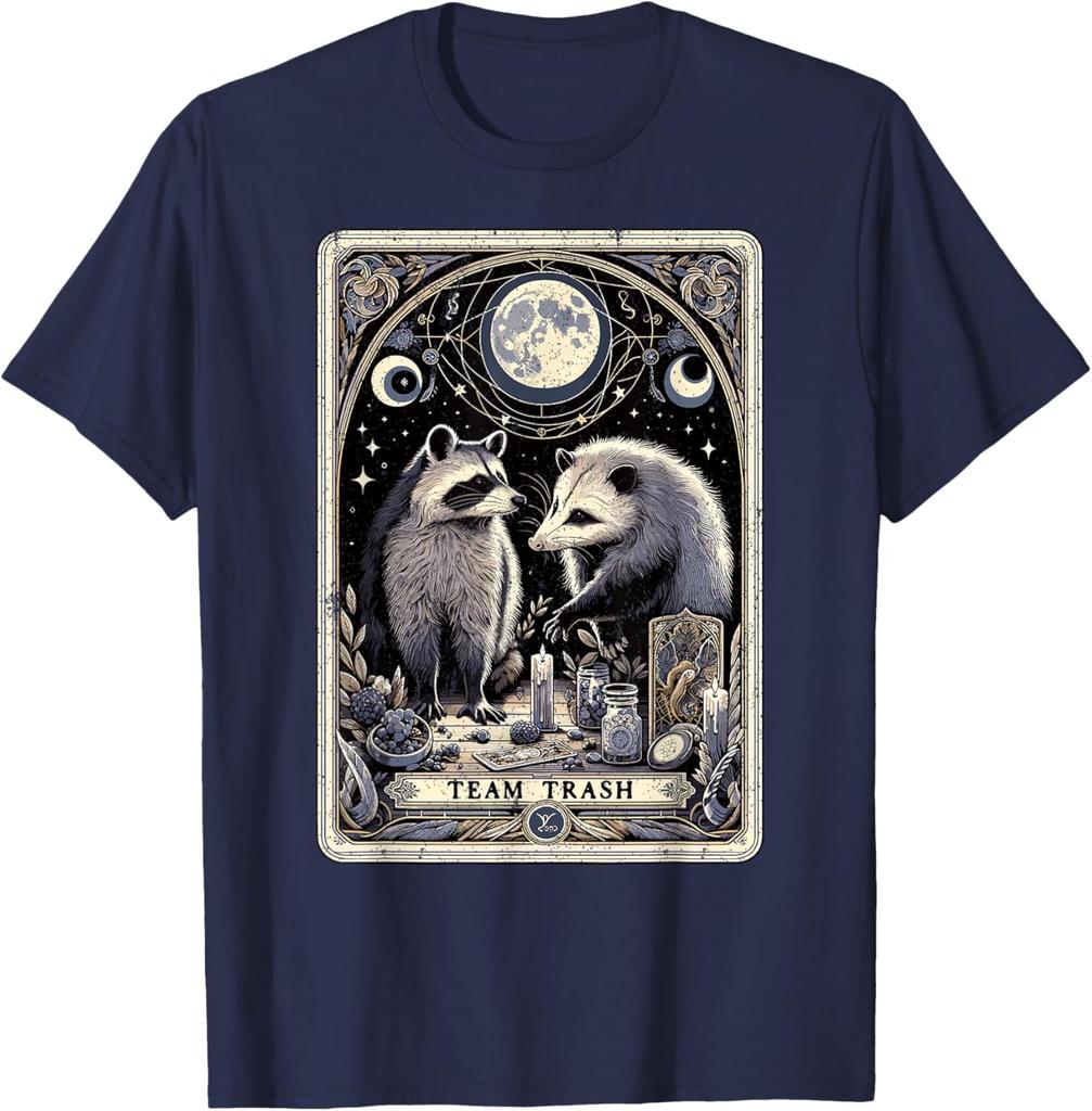 Team Trash Raccoon Opossum Tarot Card Graphic Print Cotton Short Sleeve T-Shirt Casual Trip