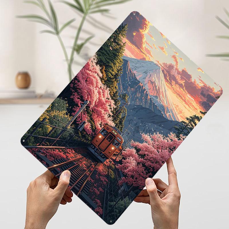 Tåg Genom Körsbärsblommor Tryckt Affisch Anpassad Väggkonst Retro Vintage Metallplåtskyltar för Hem Spelrum Dekoration