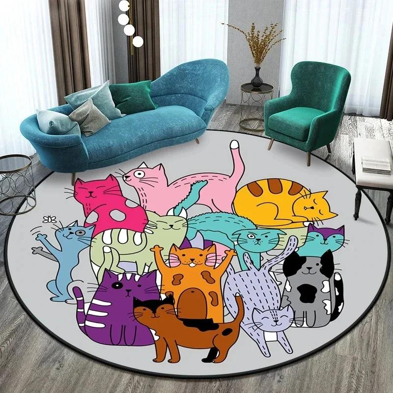 Cute Cat Round Carpet Cartoon Animal Cats Area Rug for Office Living Room Bedroom Decoration Non-slip Children's Crawl Floor Mat