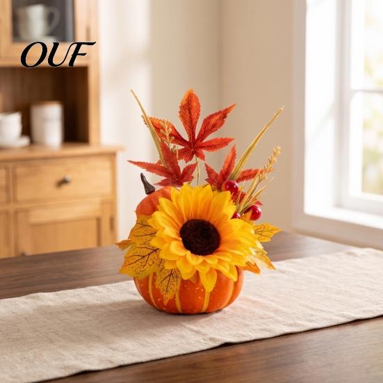 Decorative Harvest Festival Props Artificial Pumpkin Table Centerpiece with Sunflowers Maple Leaves And Pine Fall Centerpieces Cones, Halloween
