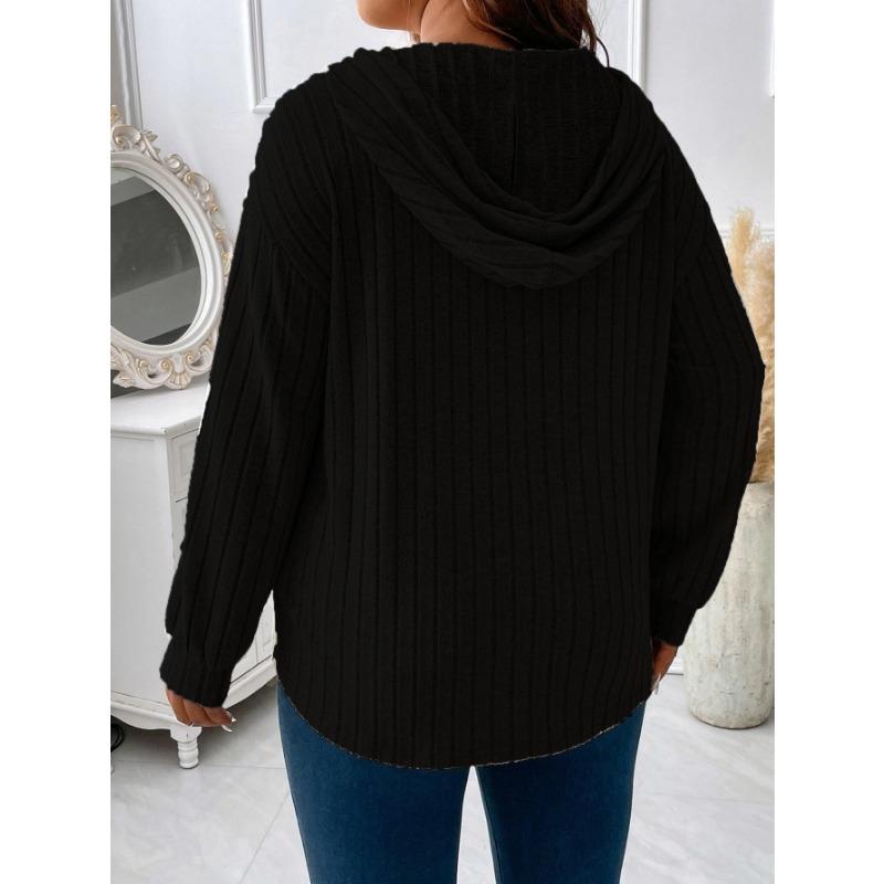 Solid Color Loose Plus Size Hooded V Neck Long Sleeve Ribbed Brushed T Shirt Top