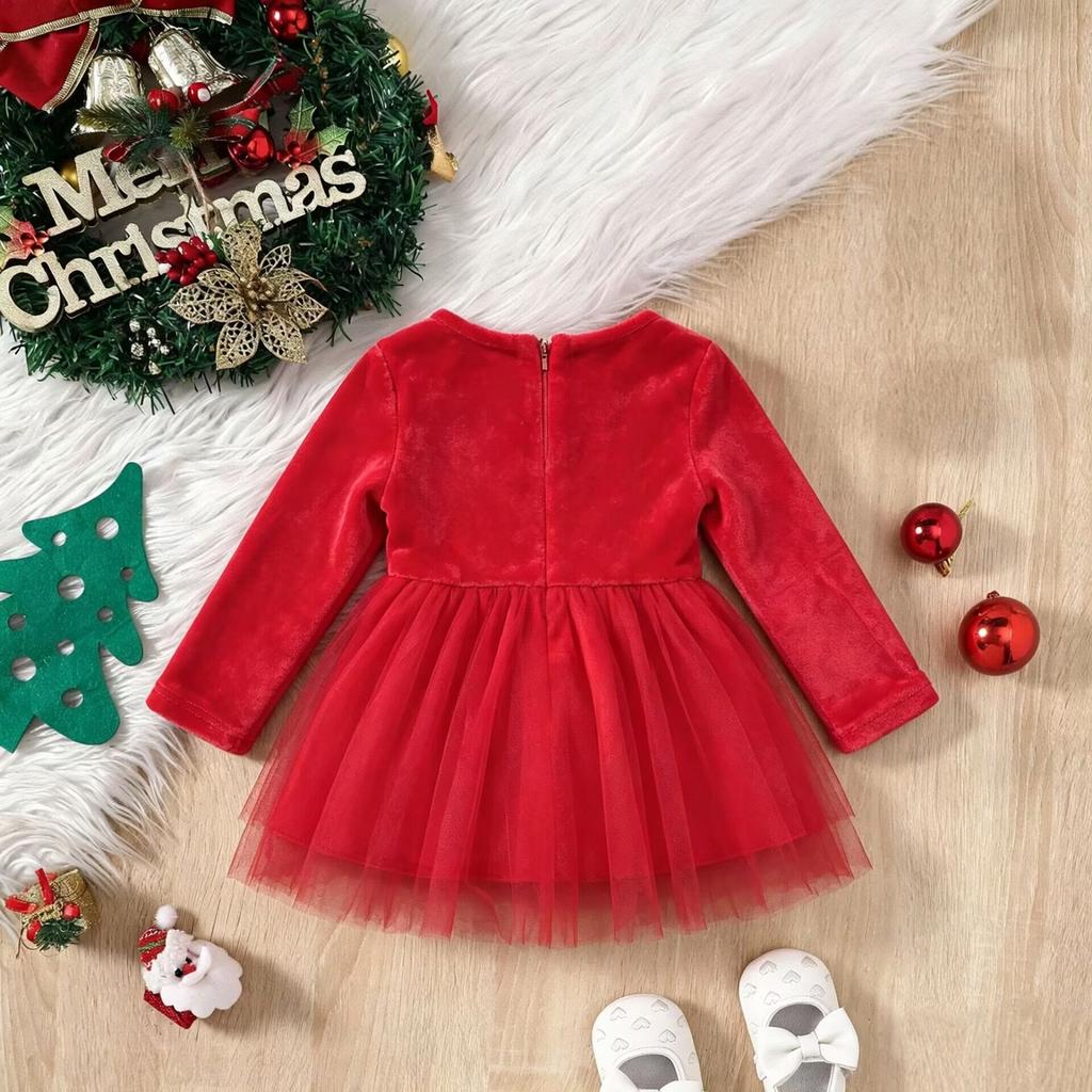 Girls Christmas Dress Long Sleeve Velvet Tulle Party Dress for Toddlers Kids Holiday Formal Wear
