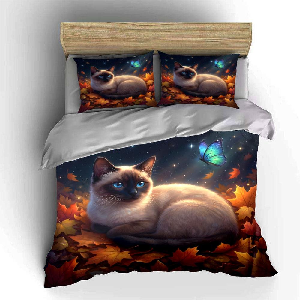 Blue-eyed Cat with Butterfly and Autumn Leaves Print Bedding Set 1 Duvet Cover 2 Pillowcases for Adult and Children Luxury Gift
