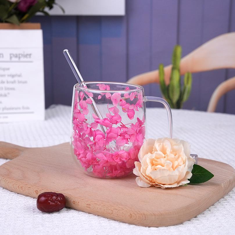 Luxury Double-Layer Glass Cup with Real Flowers and Quicksand Design