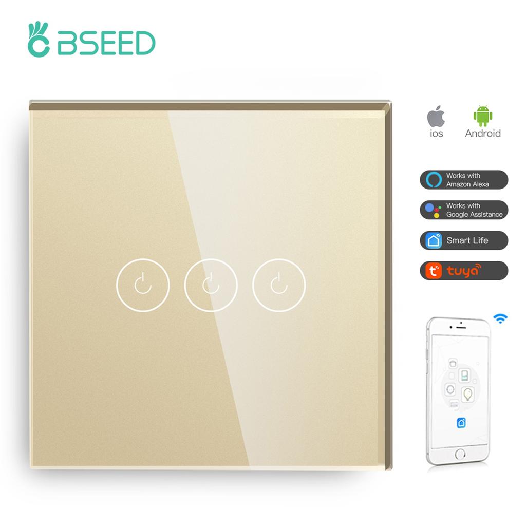 BSEED Wifi 1/2/3 Gang 1 Way Smart Switch LED Buttons Glass Panel Smart Switch Work With Tuya Google Home EU Touch Switch 600W