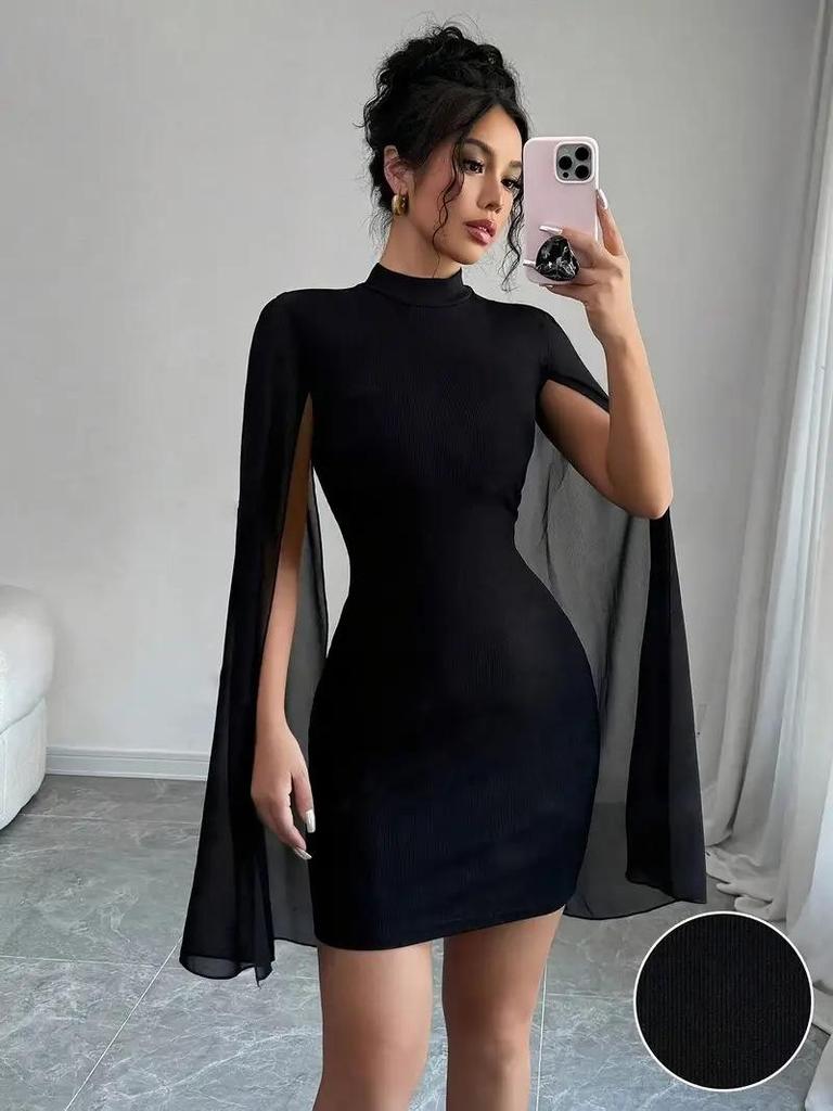 European & American Women's Fashion Round Neck Ribbed Chiffon Cape Bodycon Dress