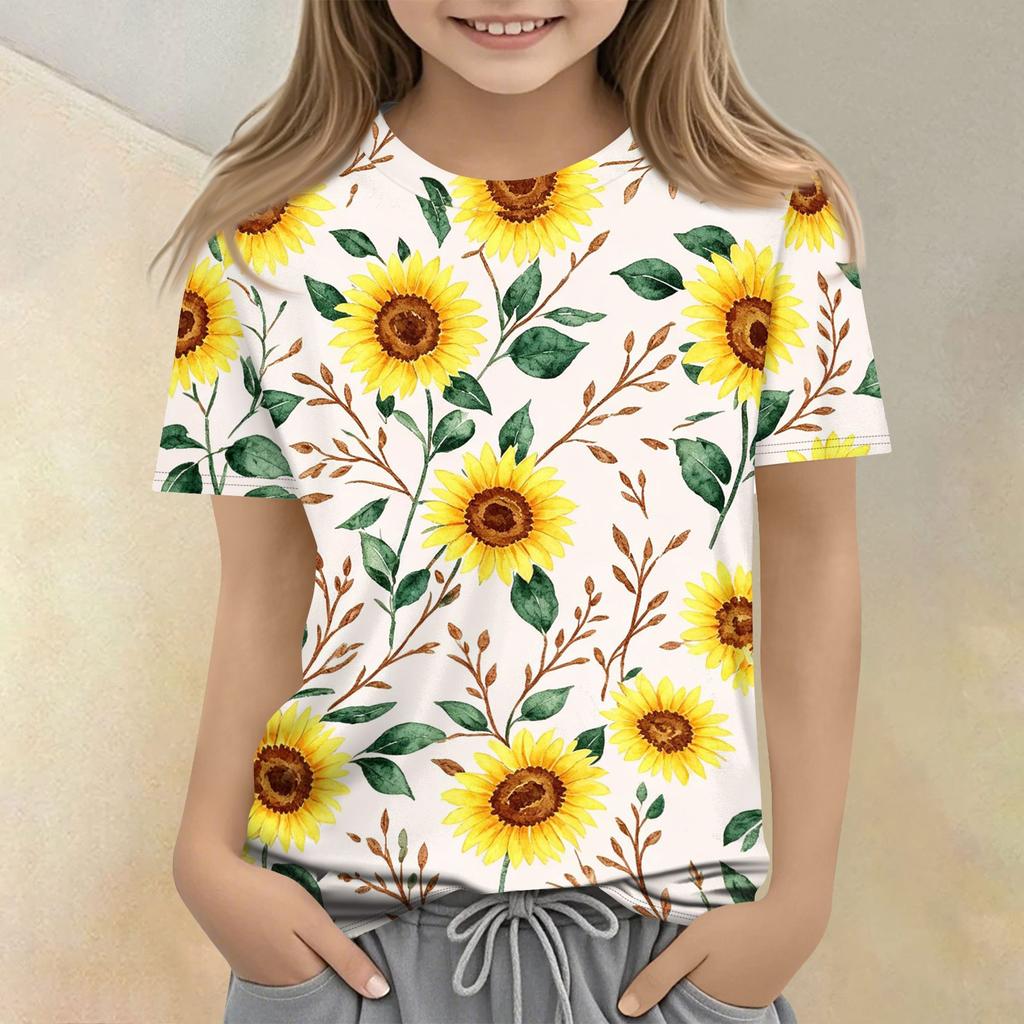 Girls Floral Print Short Sleeve T Shirt Casual Loose Fit Crew Neck Top Lightweight Comfortable Summer Tee for Kids