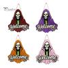 Front Porch Decor Halloween Skeleton Welcome Sign, Spooky Wooden Grim Reaper Shaped Door Rustic Hanging Sign Hanger, Horror Wall Plaque for