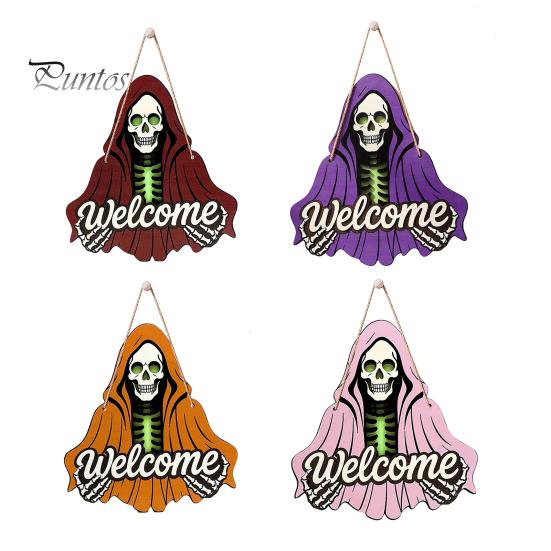Front Porch Decor Halloween Skeleton Welcome Sign, Spooky Wooden Grim Reaper Shaped Door Rustic Hanging Sign Hanger, Horror Wall Plaque for