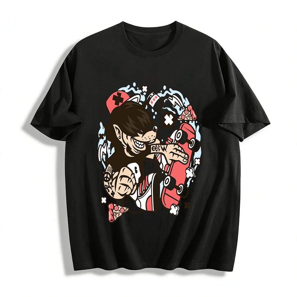 Cool Werewolf Skateboard Graphic Tee Street Style Casual Crewneck Top Pure cotton T-shirt XXS