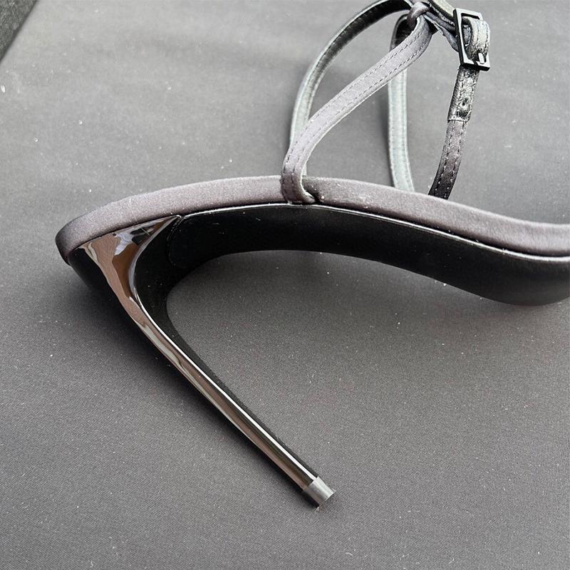Black Pointed-toe Stiletto Heels Women's Spring Summer 2024 New Sexy Celebrity Trend One Line with Rhinestone Open Toe Sandals