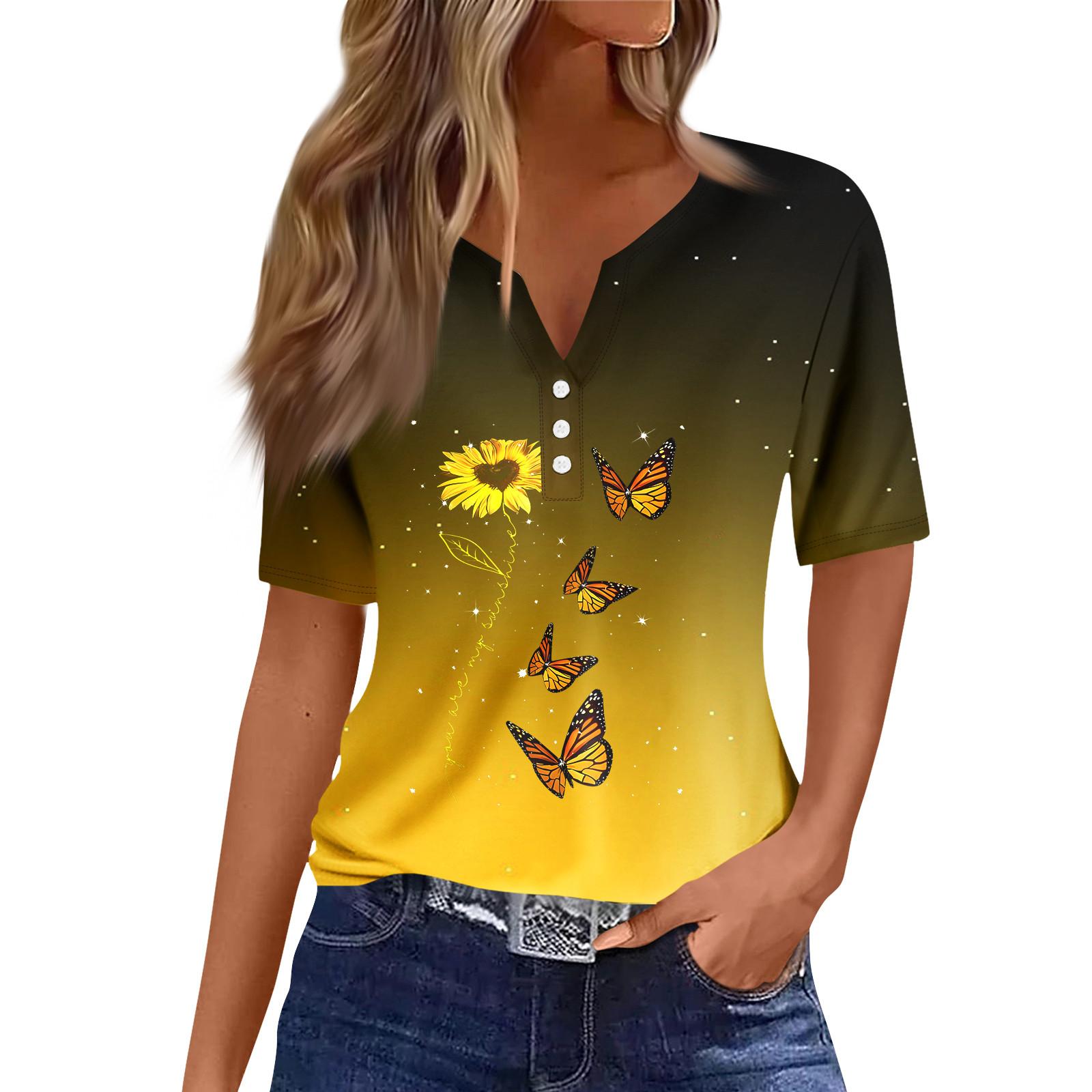 

Женская повседневная футболка с короткими рукавами, V-образным вырезом и декоративными пуговицами XL жёлтый