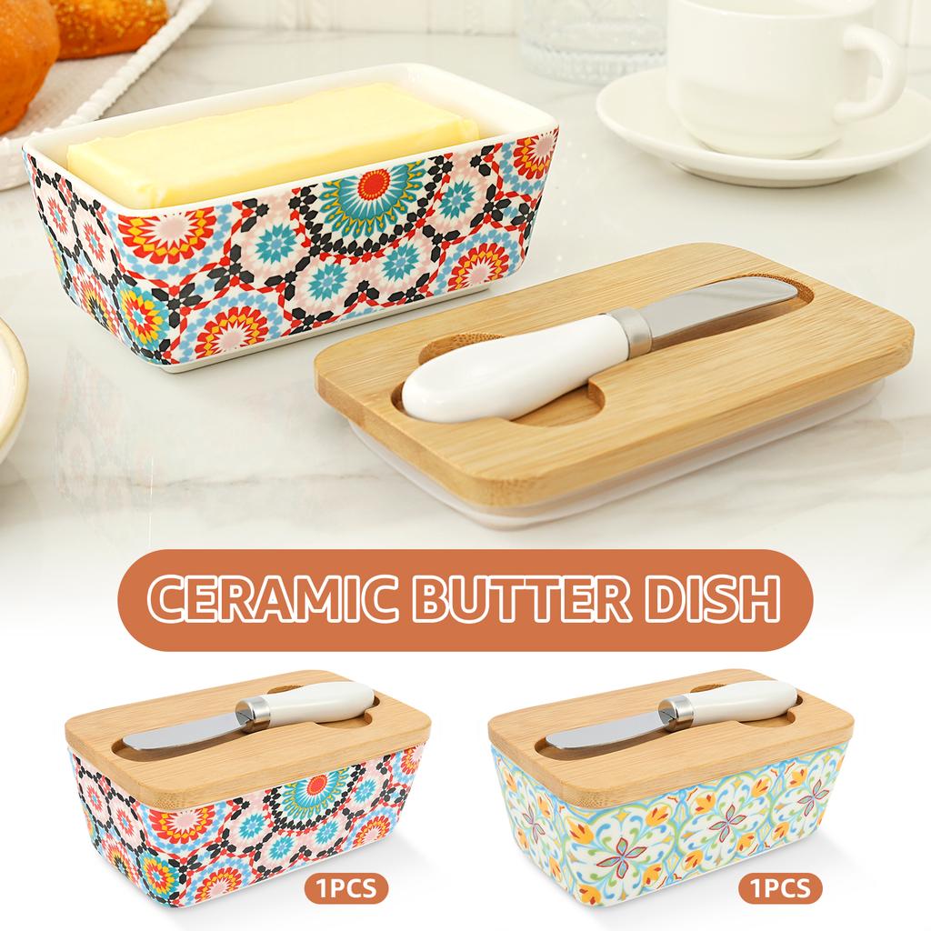 5.83" Large Butter Dish Vintage Ceramic Butter Box with Bamboo Lid Multi-role Counter Square Food Storage Box Kitchen Supplies