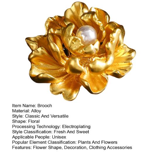 Faux Pearl Golden Peony Brooch Alloy Floral Lapel Pin Sweater Cardigan Coat Business Suit Clothing Accessories for Women Wife Girlfriend