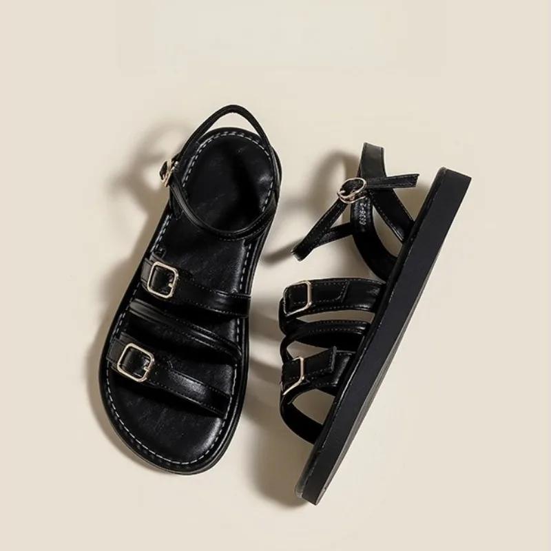 Sandale de damă la modă, cu vârful deschis, cu cataramă și curea, cu vârf plat, pentru zi, pantofi de damă la modă, 2024