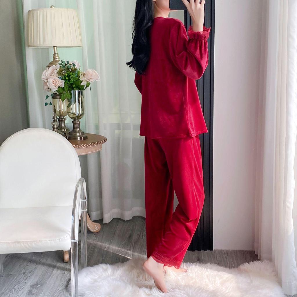 Women's Retro Noble Red Sea Island Cotton Fleece Pajamas - Thick Long Sleeve & Pants for Autumn/Winter