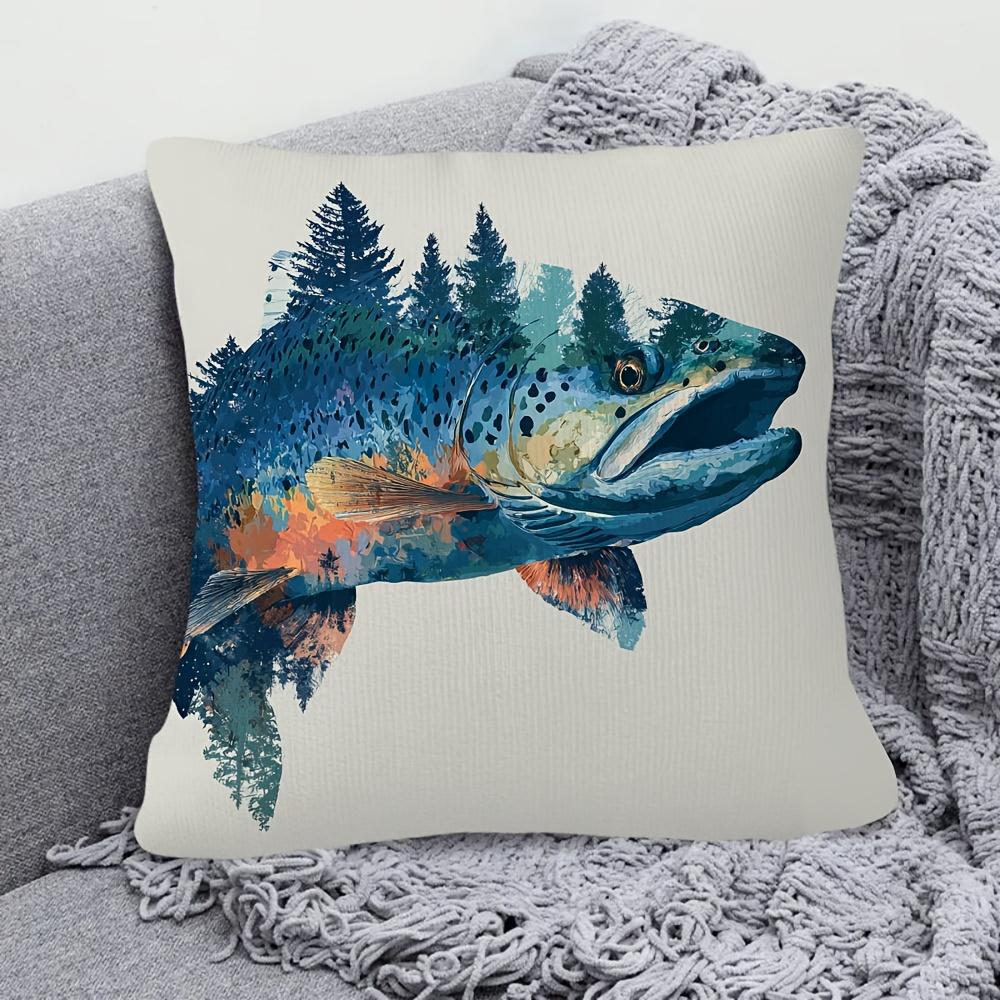 1Pc Short Plush Decorative Pillowcase, Trout Print Single-Sided, 18X 18 Inches For Sofa, Living Room Bedroom Office Home Dcor (