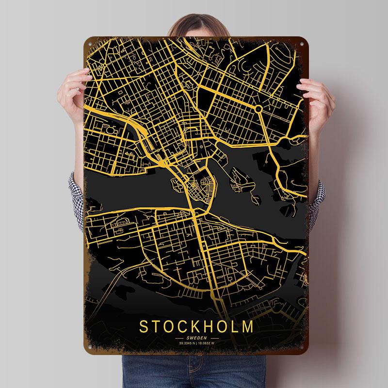 Golden Stockholm City Map Tinplate Posters Customizable Wall Art Retro Vintage Metal Signs for Home Room Wand Deko Office Decor