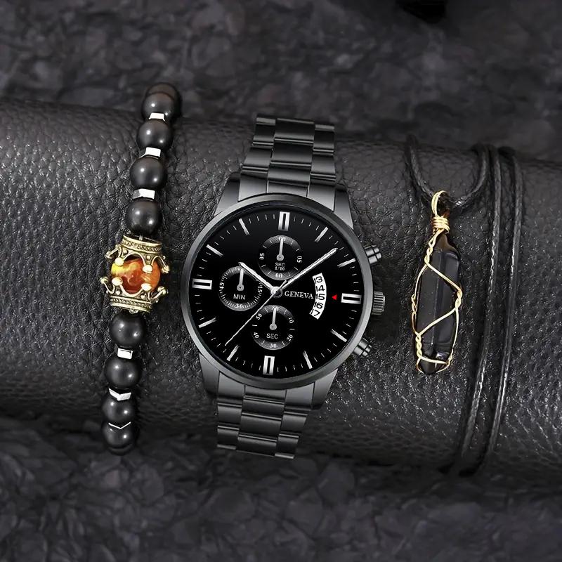 

3 шт./комплект модные мужские деловые кварцевые часы из нержавеющей стали, браслет и ожерелье, мужские подарки