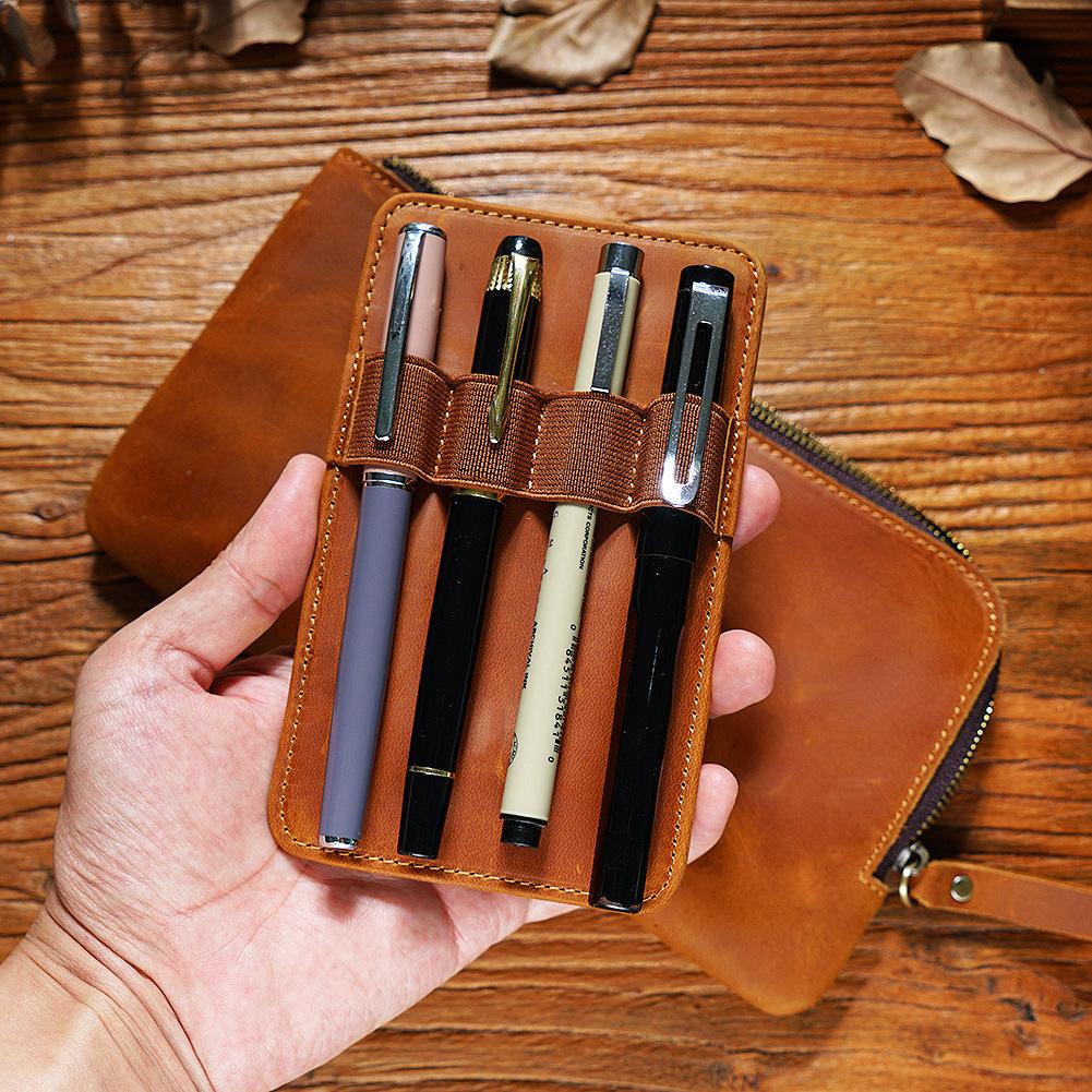 Top Layer Genuine Leather Pen Case Cute Creative Apple Pencil Holder Bag with Stand  Pencil Pouch Free Sample Included