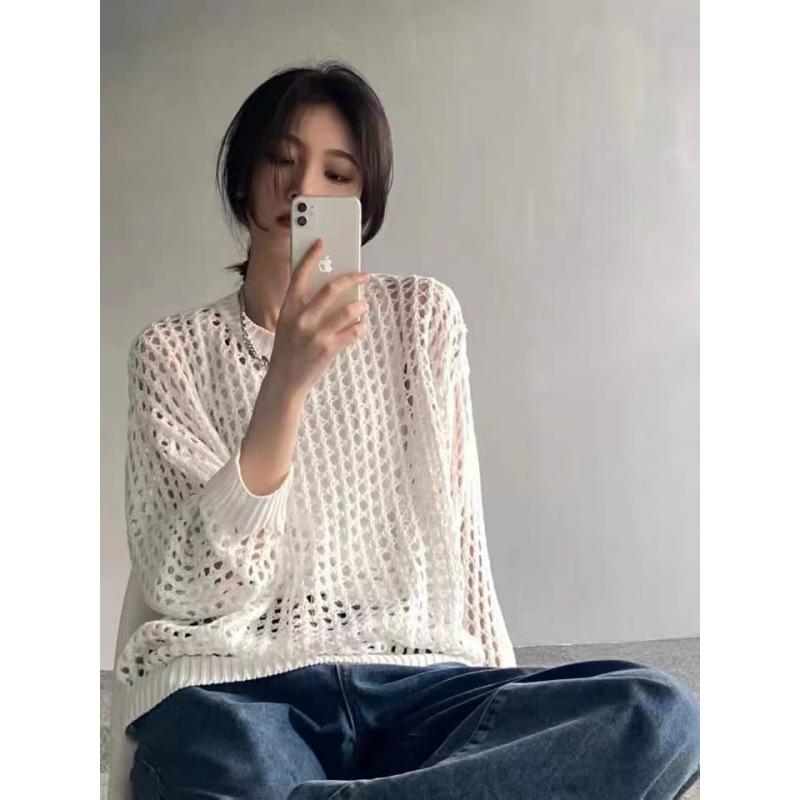 2025 Women's Korean Knit Hollow-Out Sun Protection Cardigan - Summer Thin, Loose Long-Sleeve Design