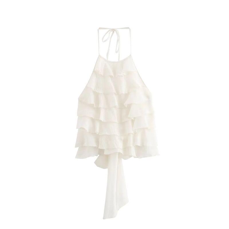 Jnleaog Summer New Arrival Women's Clothing Fashion Style French Style Design Easiest for Match Laminated Decoration Hanging Collar Tops