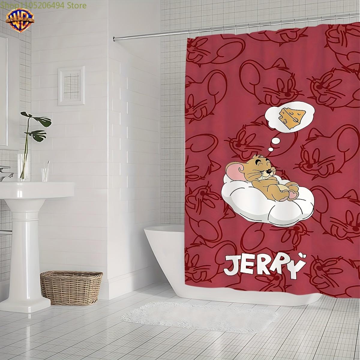 

1pc WB Warner Bros. Official Store Bath Curtain, Jerry Sleeping on Clouds, Cute Red Background Dream Cheese Shower Curtain for 90x180cm