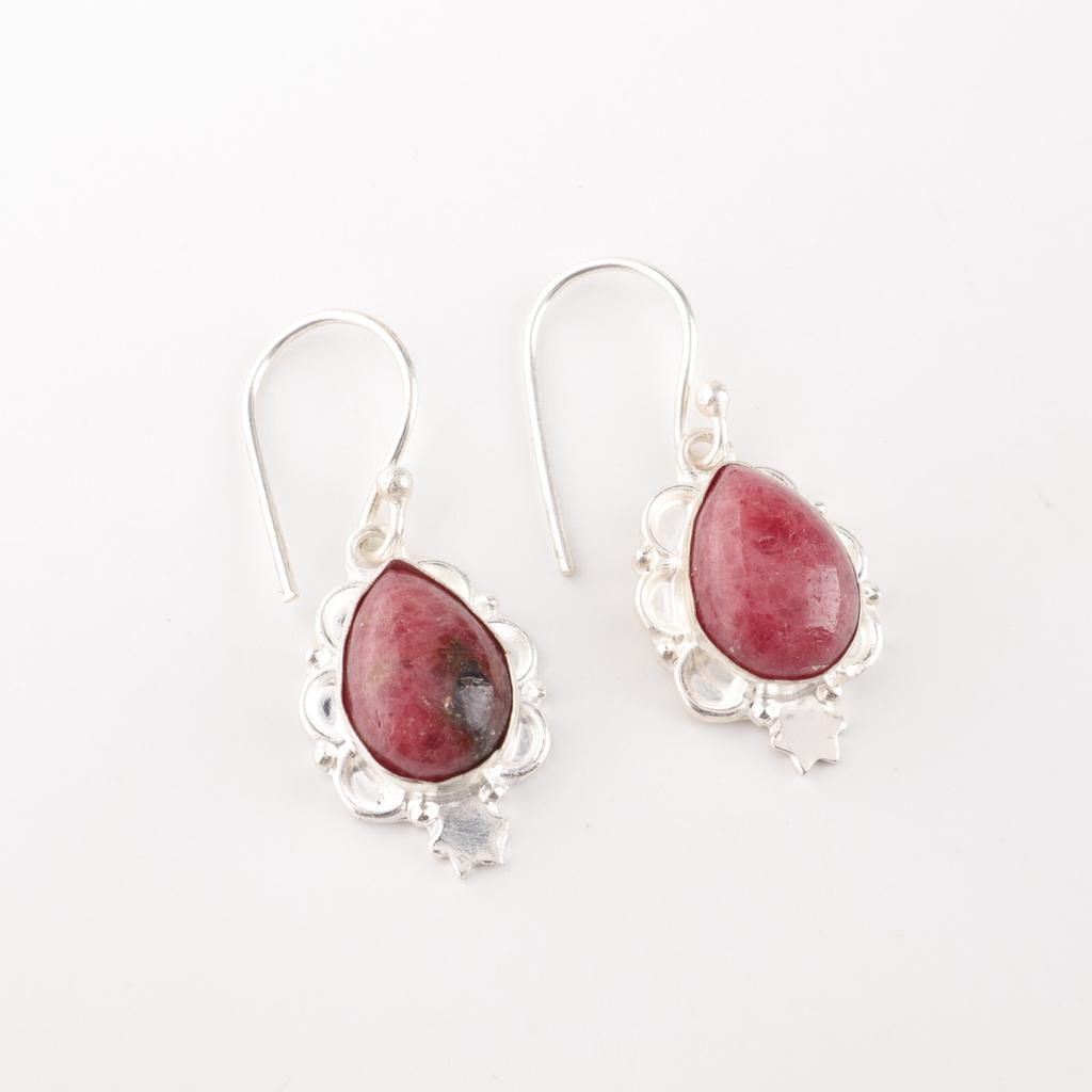 Natural Rhodonite Gemstone 925 Sterling Silver Jewelry Handcrafted Earrings 1.6" EE-163-25
