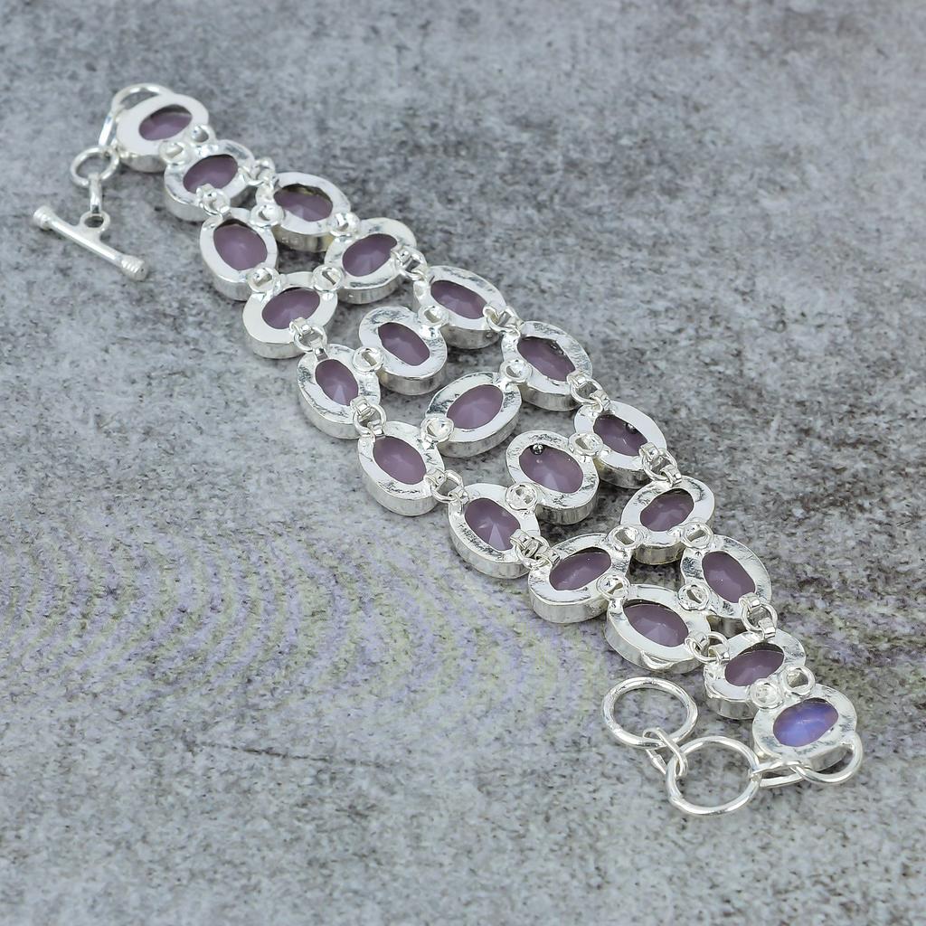 Bracelet en Pierre Gemme Calcédoine Rose Fait Main en Argent Sterling 925 7-8" M-307