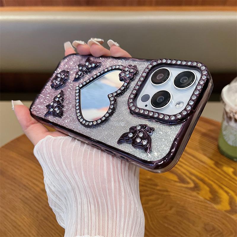 Electroplating love mirror iPhone16promax mobile phone case rhinestone Apple 15 for 14 glitter 13 Pro New
