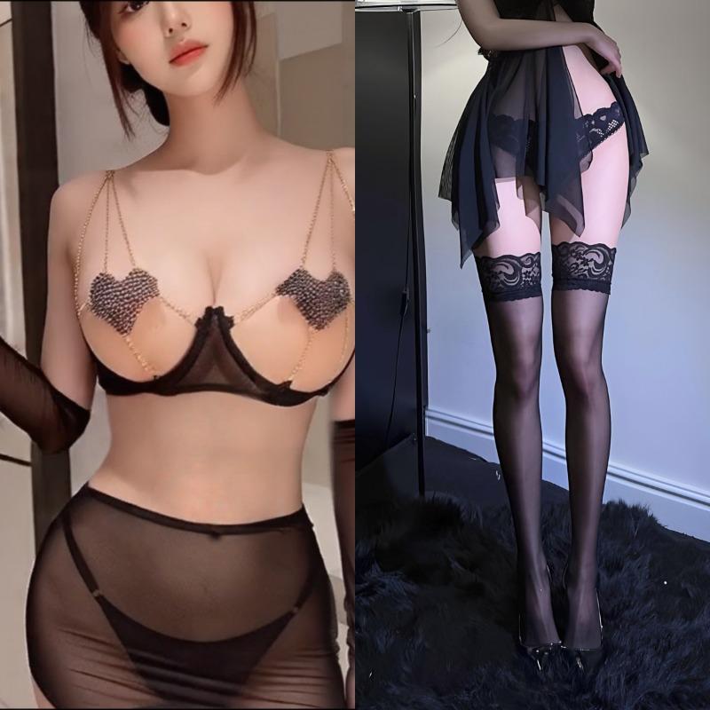Sex underwear transparent mesh seduction three-point pajamas passion free red robe suit women