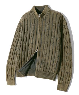 TRILLION Vintage Washed Cable 2-Way Zip-Up Knit (Beige Khaki)