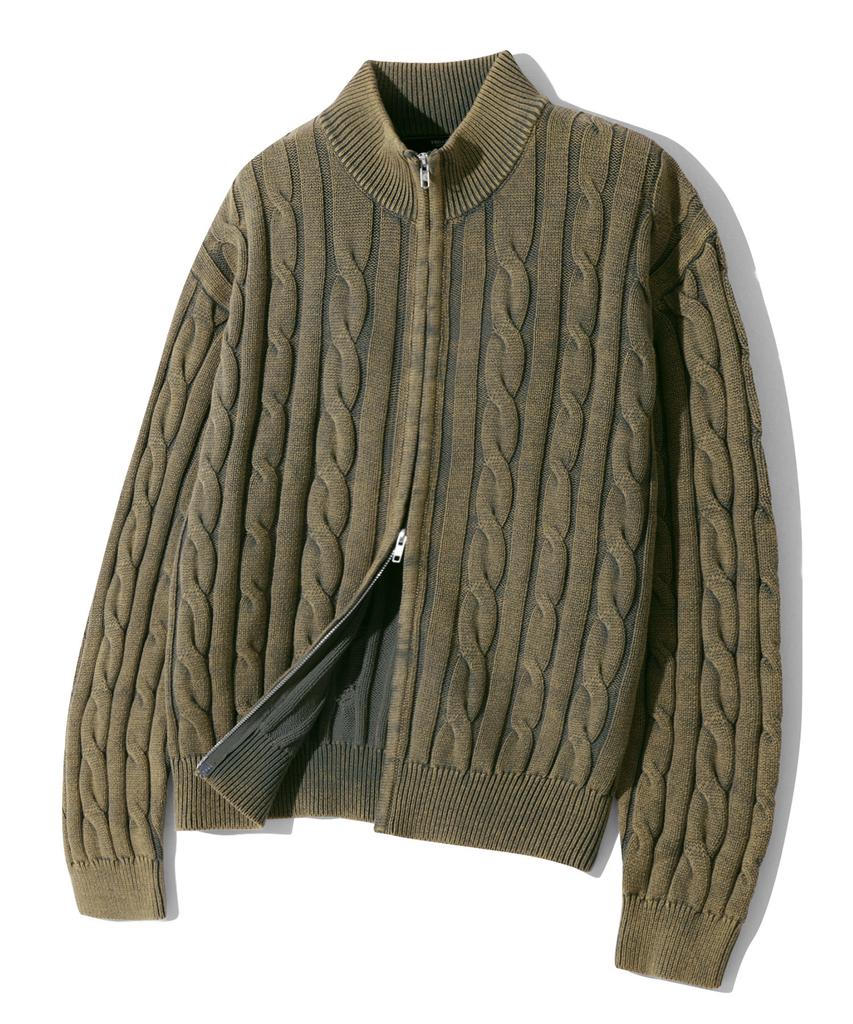 TRILLION Vintage Washed Cable 2-Way Zip-Up Knit (Beige Khaki)