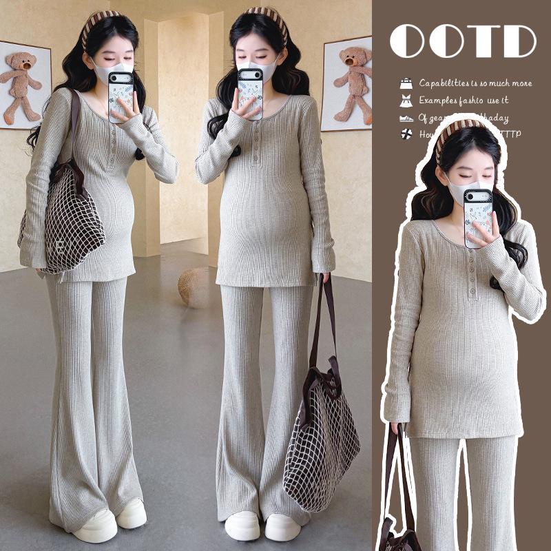 Korean Chic Maternity Set: Split Long-Sleeve Micro-Flare Pants for Spring 2026 XL