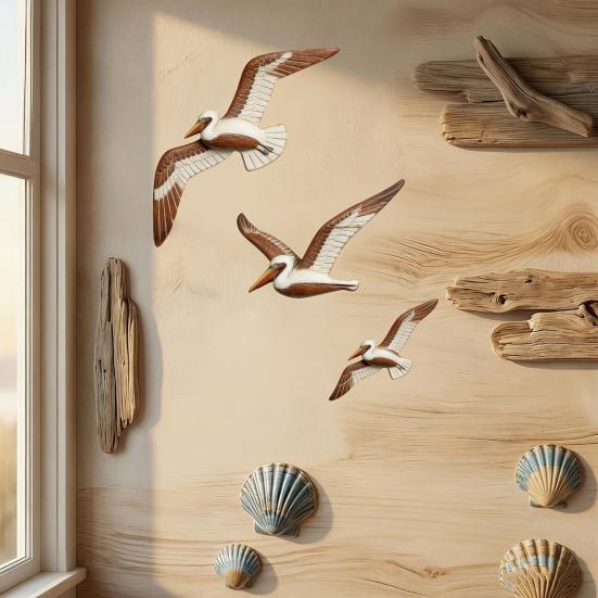 3 Pcs Wood Flying Pelican Wall Art Coastal Theme Nautical Wall Decor Rustic Beach Wooden Bird Sculpture for Living Room Bedroom Home Decor