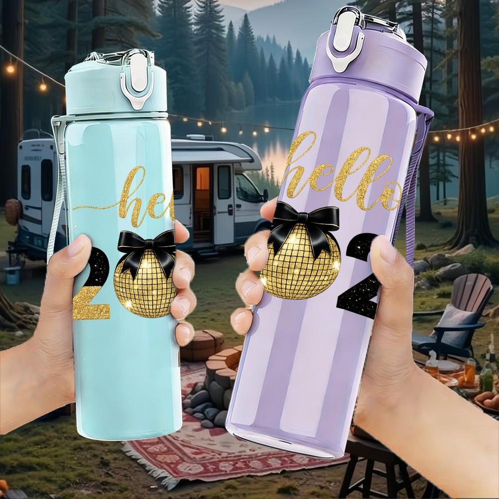 1PC Hello 2026 Golden Text Art Print 750ml Color Plastic Sports Water Bottle Leakproof Flip Straw Lid Suitable for Sports Office Home Use