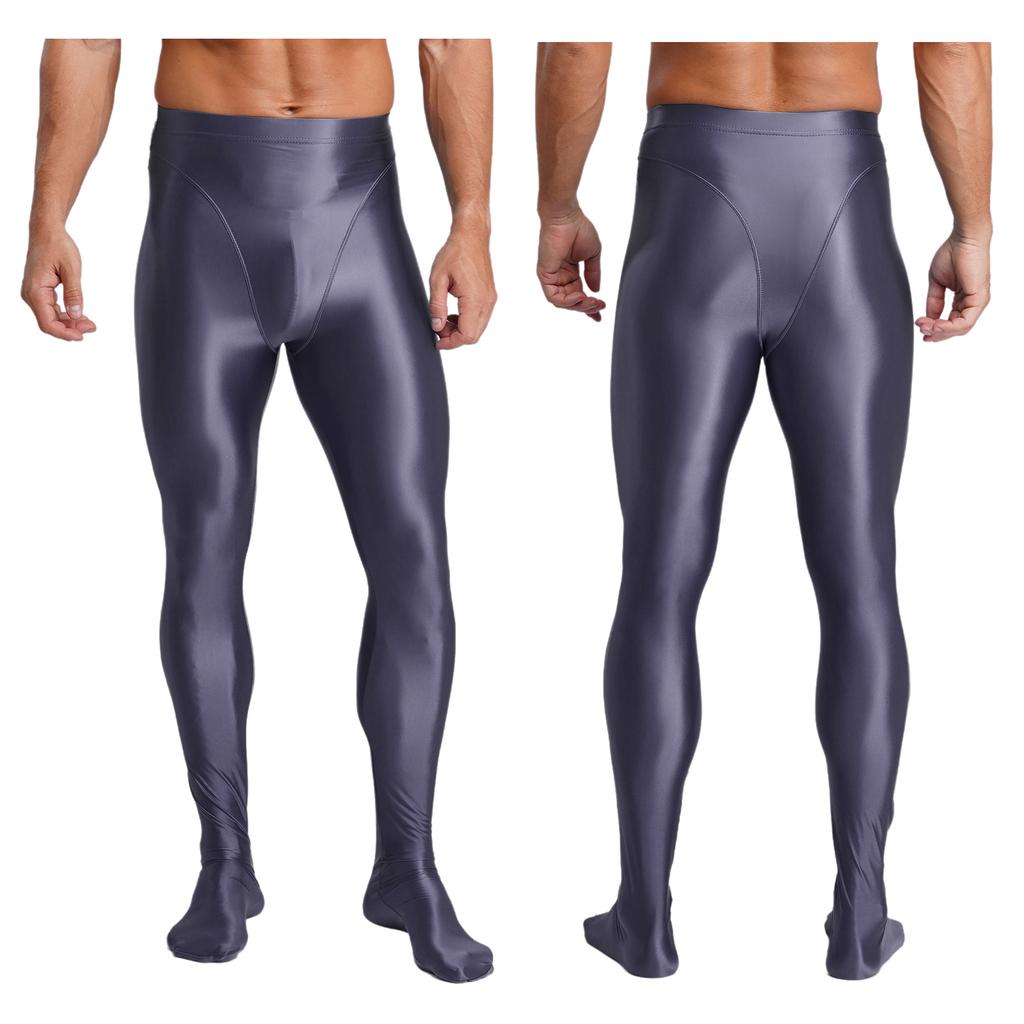 Mens Glossy Stretchy High Waist Fake Two Piece Tights Pants Leggings Yoga Wear