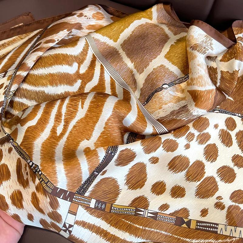 2023 Luxury Leopard Print Silk Square Scarf Women Soft Satin Hairbands Neckerchief Head Hijab Headband Foulard Bag Ribbon Office
