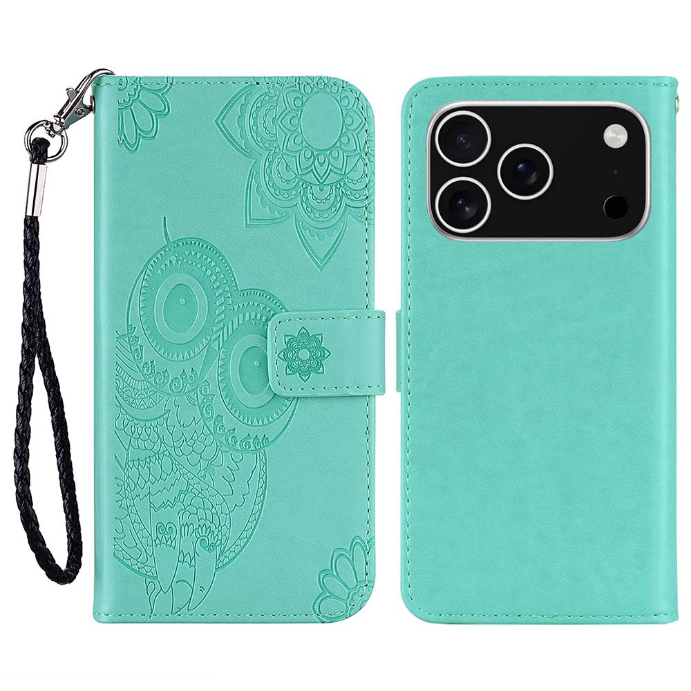

For iPhone 17 Pro Case Owl Flower Imprinted Leather Cover Wallet with Strap A
