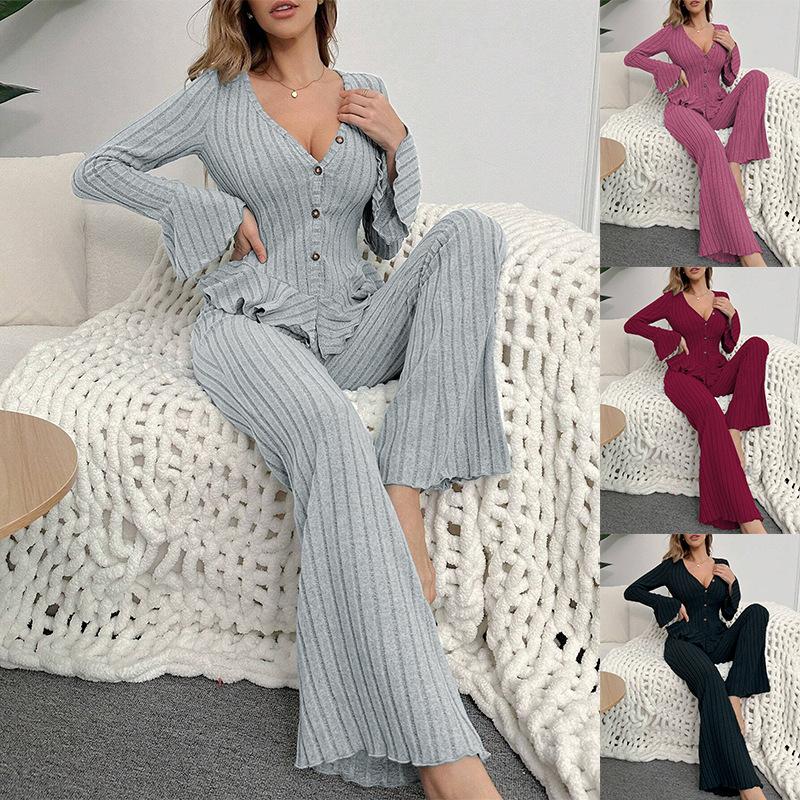New 2-Piece Women's Spring Autumn Pure Color Elegant Women's Simple Long-Sleeved Pants Pajama Set Homewear Clothes