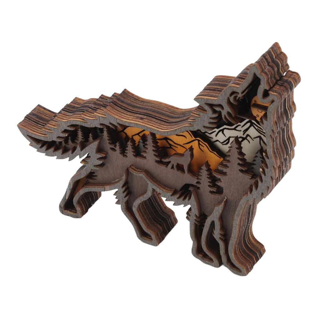 Wolf Refined Details Wooden Statue Good Decoration Hollowed Multilayer Wolf Figurine With String