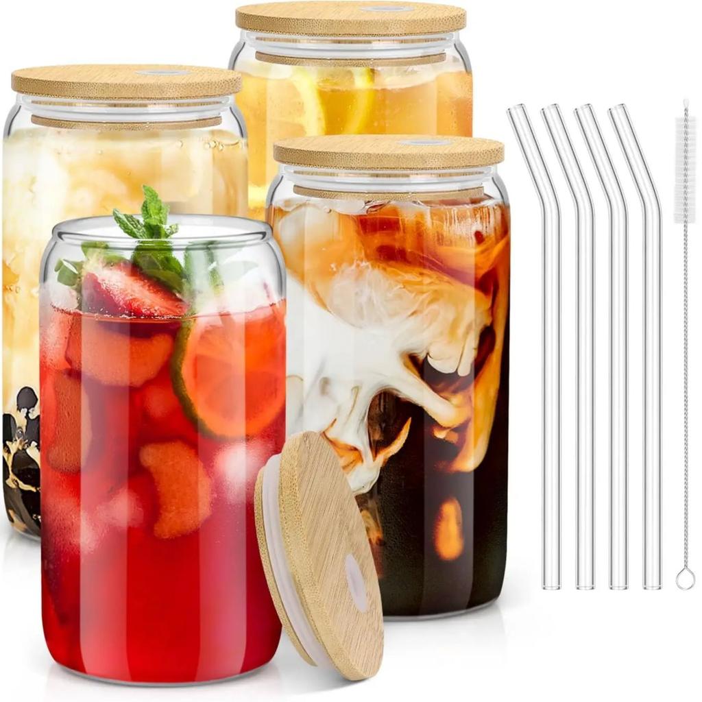 4Pcs 18.6Oz/550Ml Drinking Glasses with Bamboo Lids and Glass Straws, Glass Cups, Iced Coffee Glasses, Cute Iced Tea Glasses, Beer Glasses