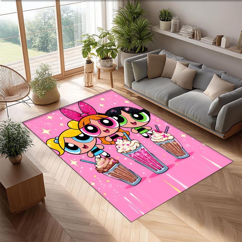 The Powerpuff Girls Printed Crystal Velvet Area Rug, Soft Anti-Slip Water Absorbent Floor Mat for Living Room Bedroom