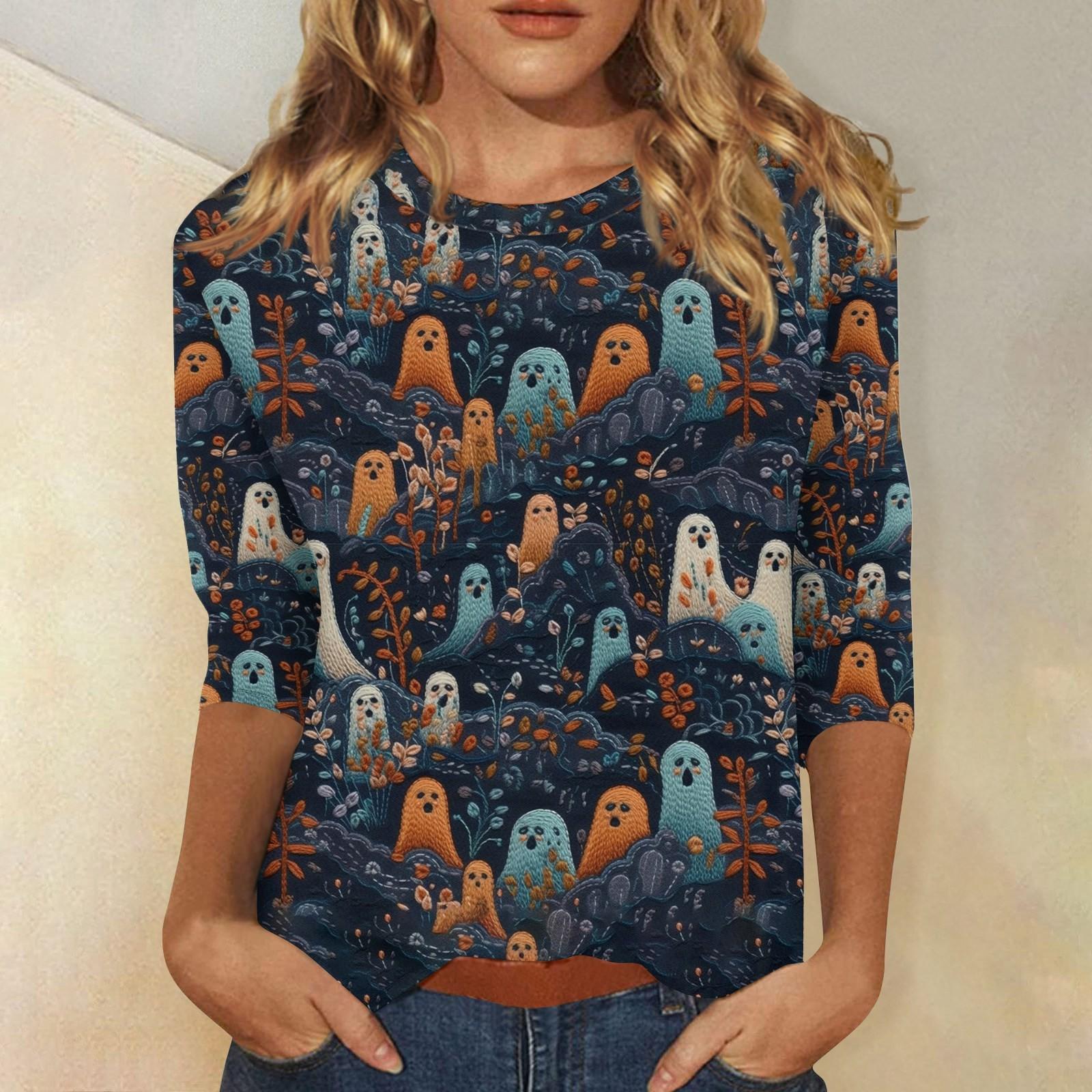 

Женская модная повседневная свободная футболка с круглым вырезом и рукавами 3/4 с принтом, женский топ L чёрный