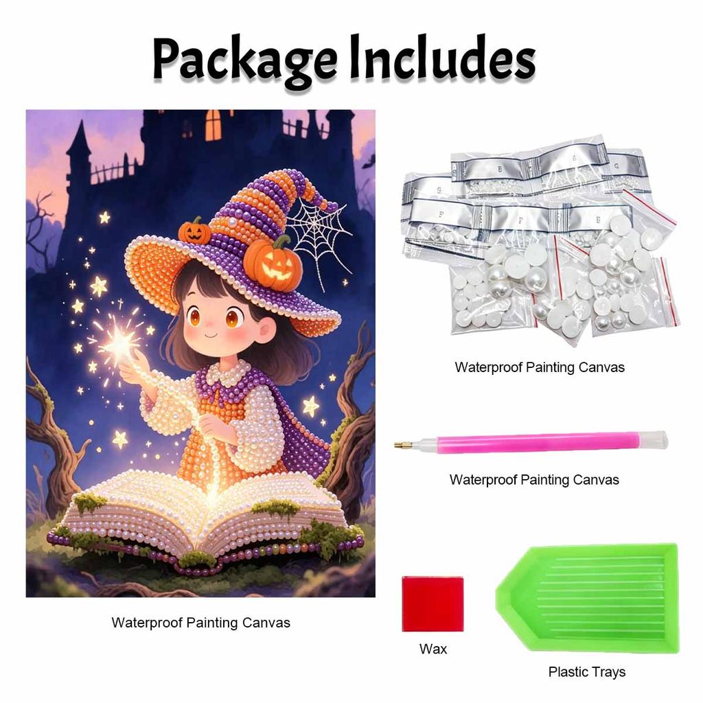 Pearl Painting DIY Kit Frameless Halloween Little Witch Pattern Shiny Bead Art Canvas Creative Wall Decor Holiday Gift Craft