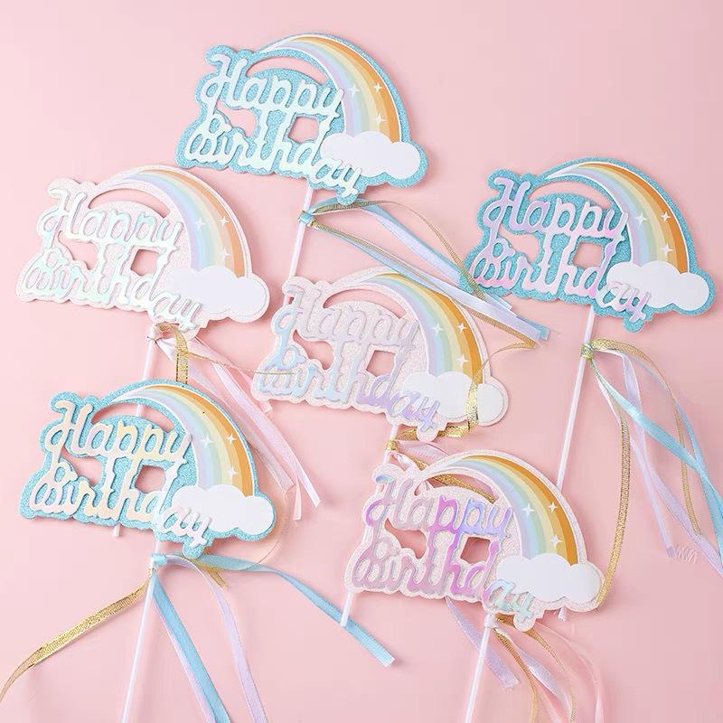 Funkelnde Regenbogen-Geburtstagstorten- und Cupcake-Topper mit Laser-Quasten und Wolken