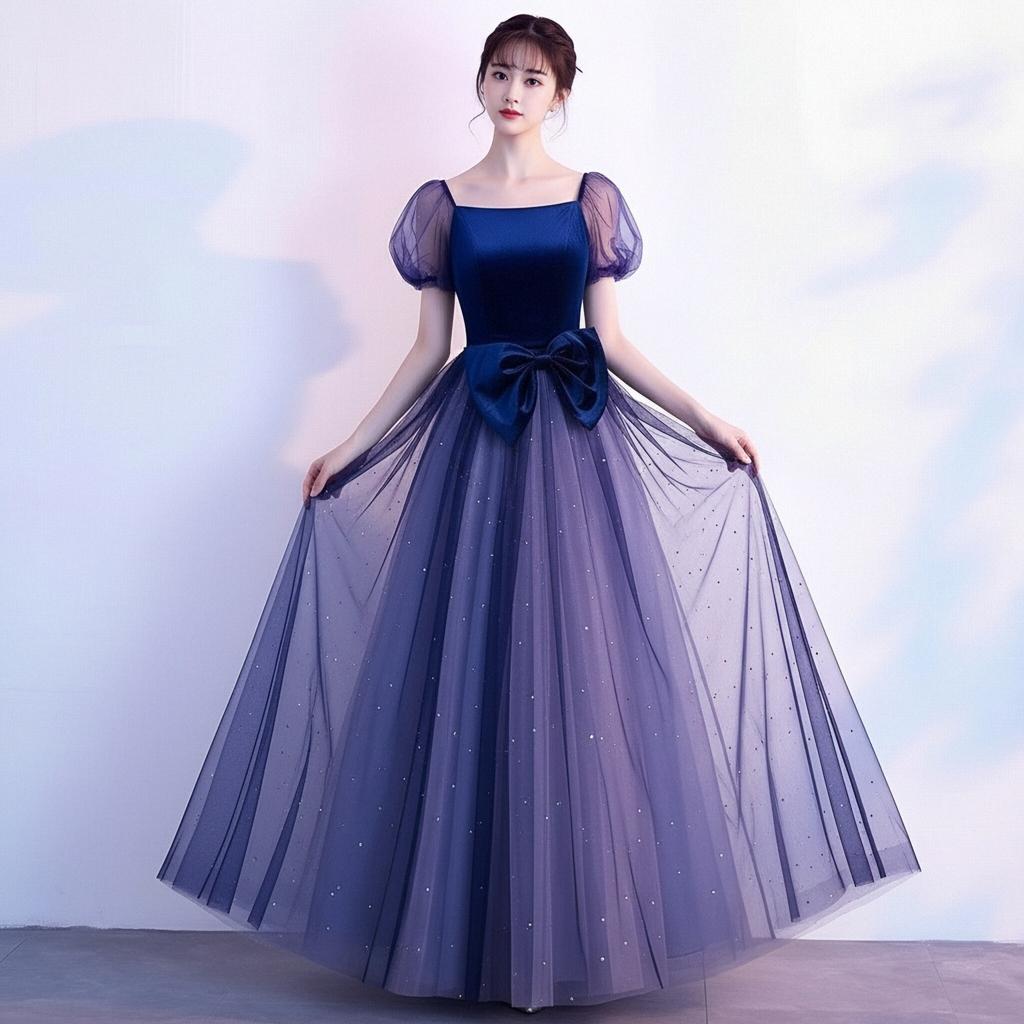 French Atmosphere Long Dress Shoulder Mesh Bubble Sleeves Waist Bow Gradual Change Flash Yarn Host Dress