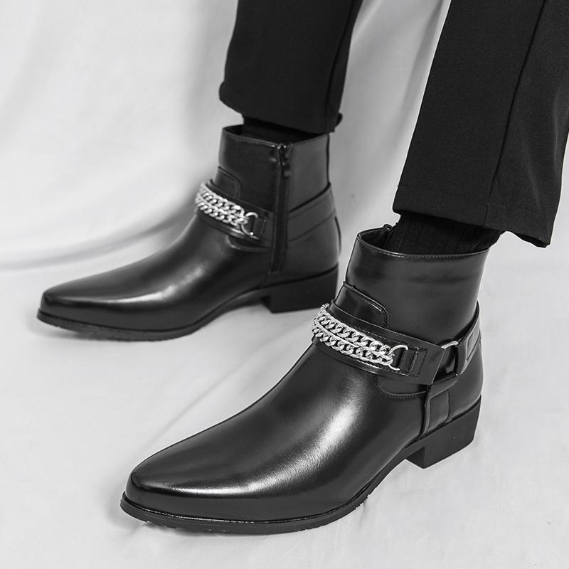 British Style Men's Comfortable Pointed Side Zipper Knight Boots Brand Autumn Men's Metal Cool Breathable Leather Boots