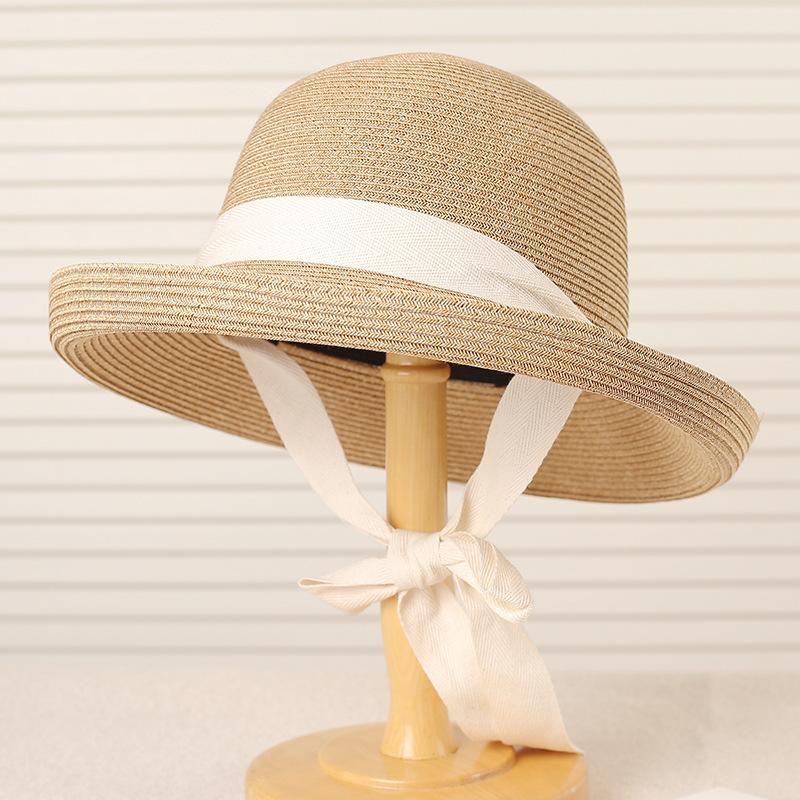New Trendy Summer Women'S Straw Hat Rolled Edge Bow Breathable Sunscreen Large Eaves Sun Hat Shading Sun Beach Seaside Cap