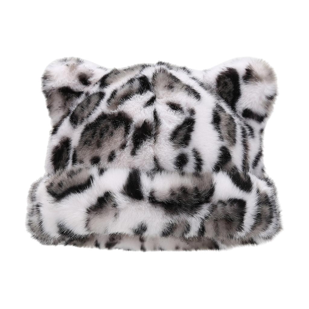 Oversized Kitten Hat with Ear Leopard Print Skiing Hat Furry Hood Cartoon Photo Props Outdoor Head Wrap for Halloween